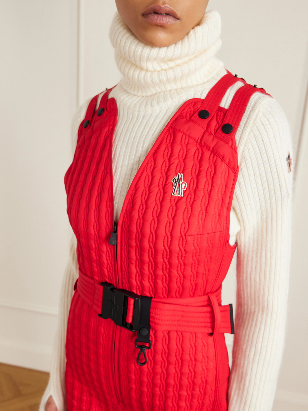 Moncler Belted Appliquéd Quilted Down Ski Suit In Red
