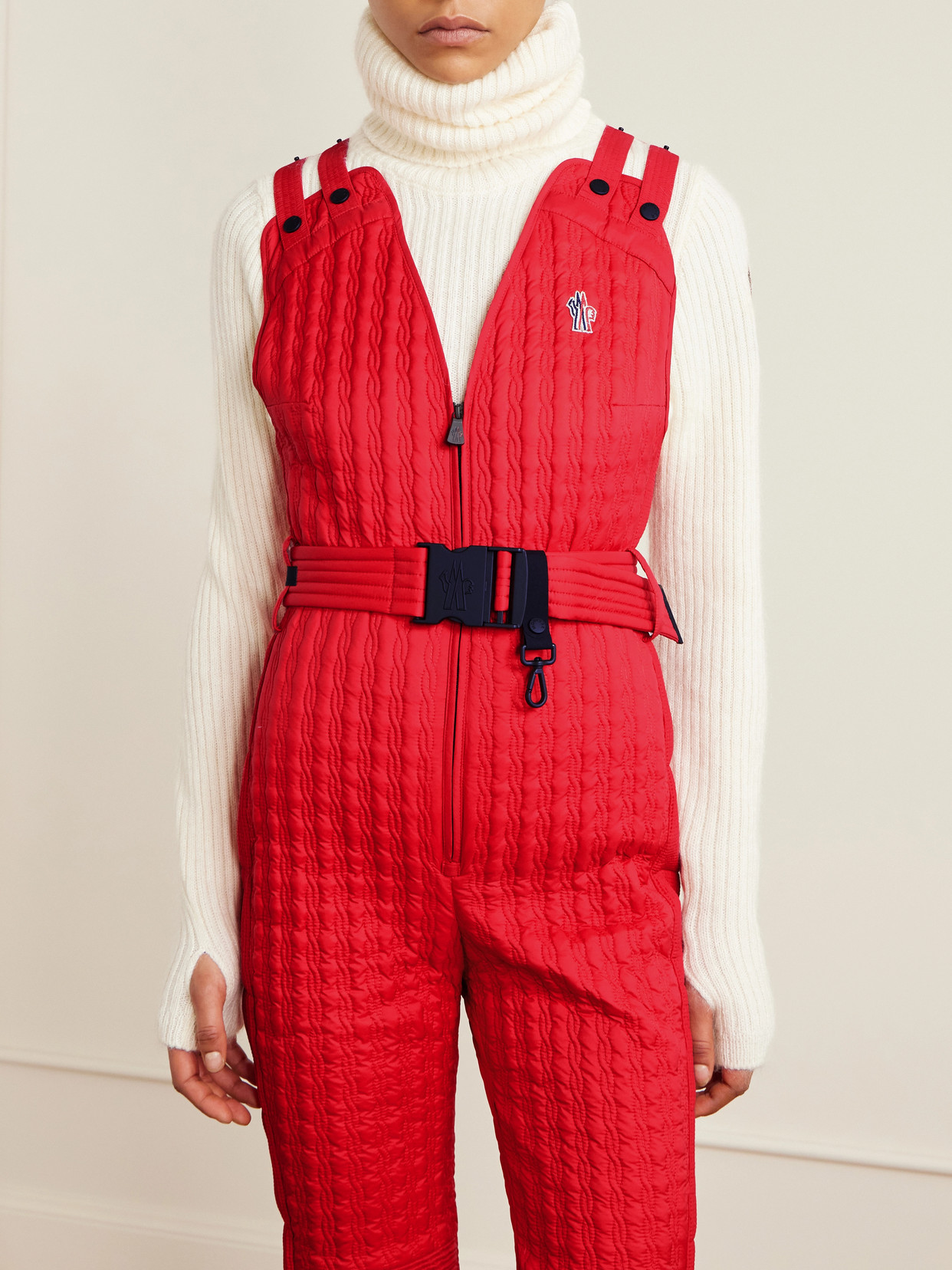 Moncler Belted Appliquéd Quilted Down Ski Suit In Red