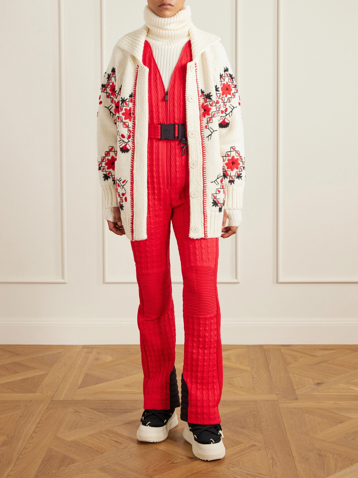 Moncler Belted Appliquéd Quilted Down Ski Suit In Red