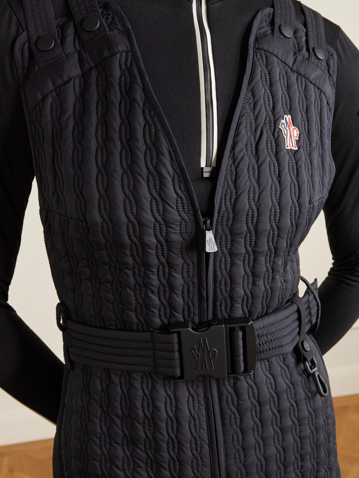 Moncler Belted Appliquéd Quilted Down Ski Suit In Blue