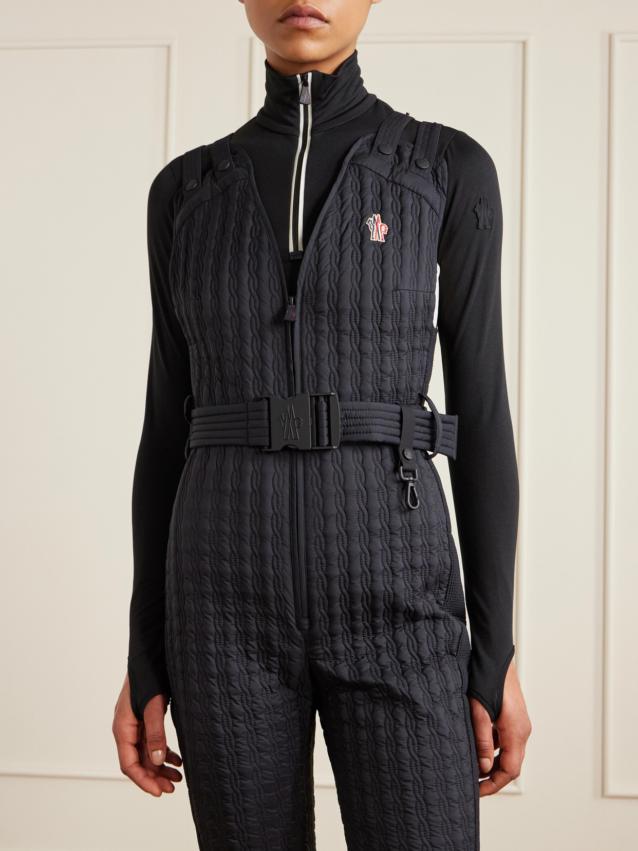 Moncler Belted Appliquéd Quilted Down Ski Suit In Blue
