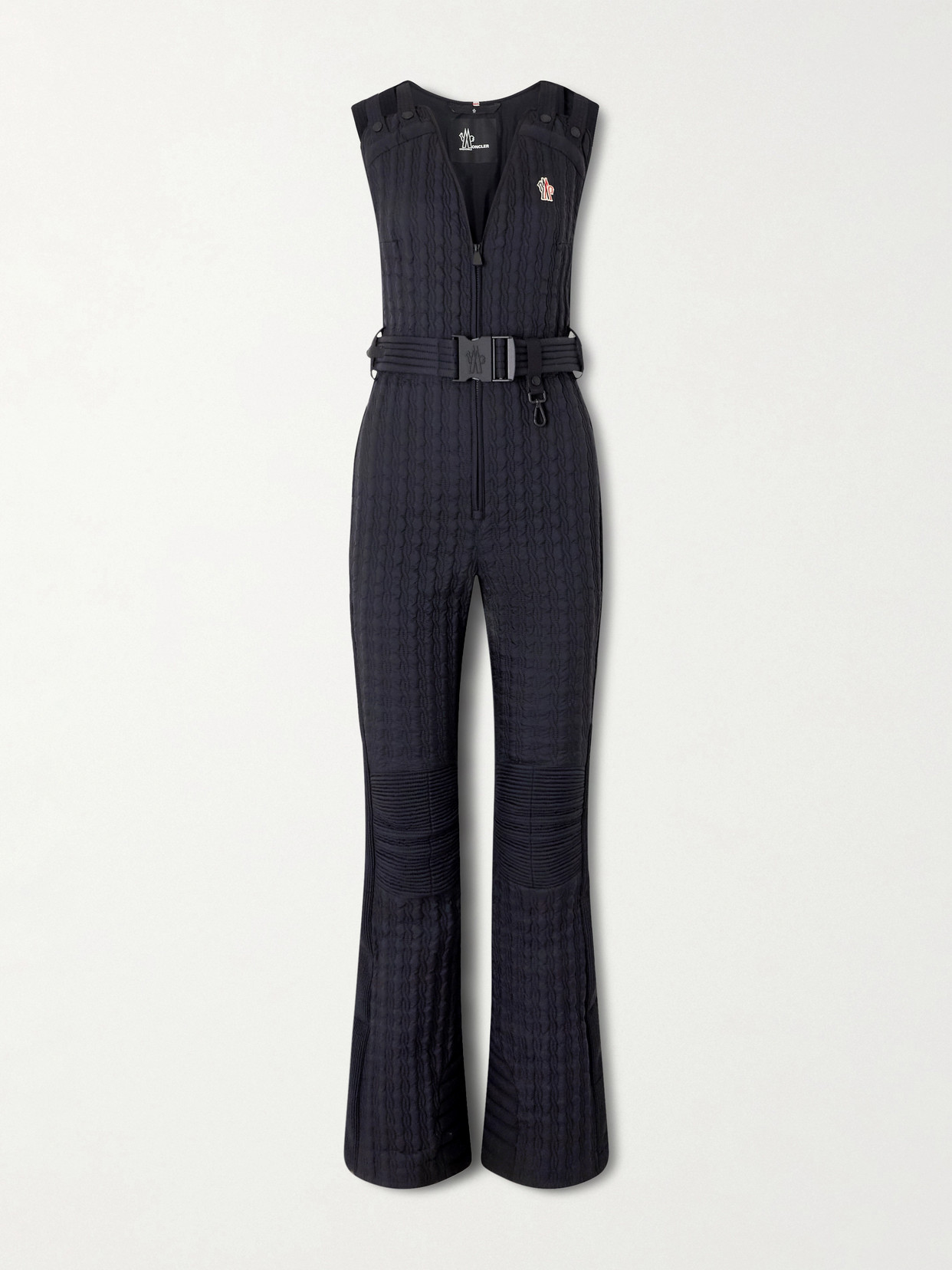 Moncler Belted Appliquéd Quilted Down Ski Suit In Blue