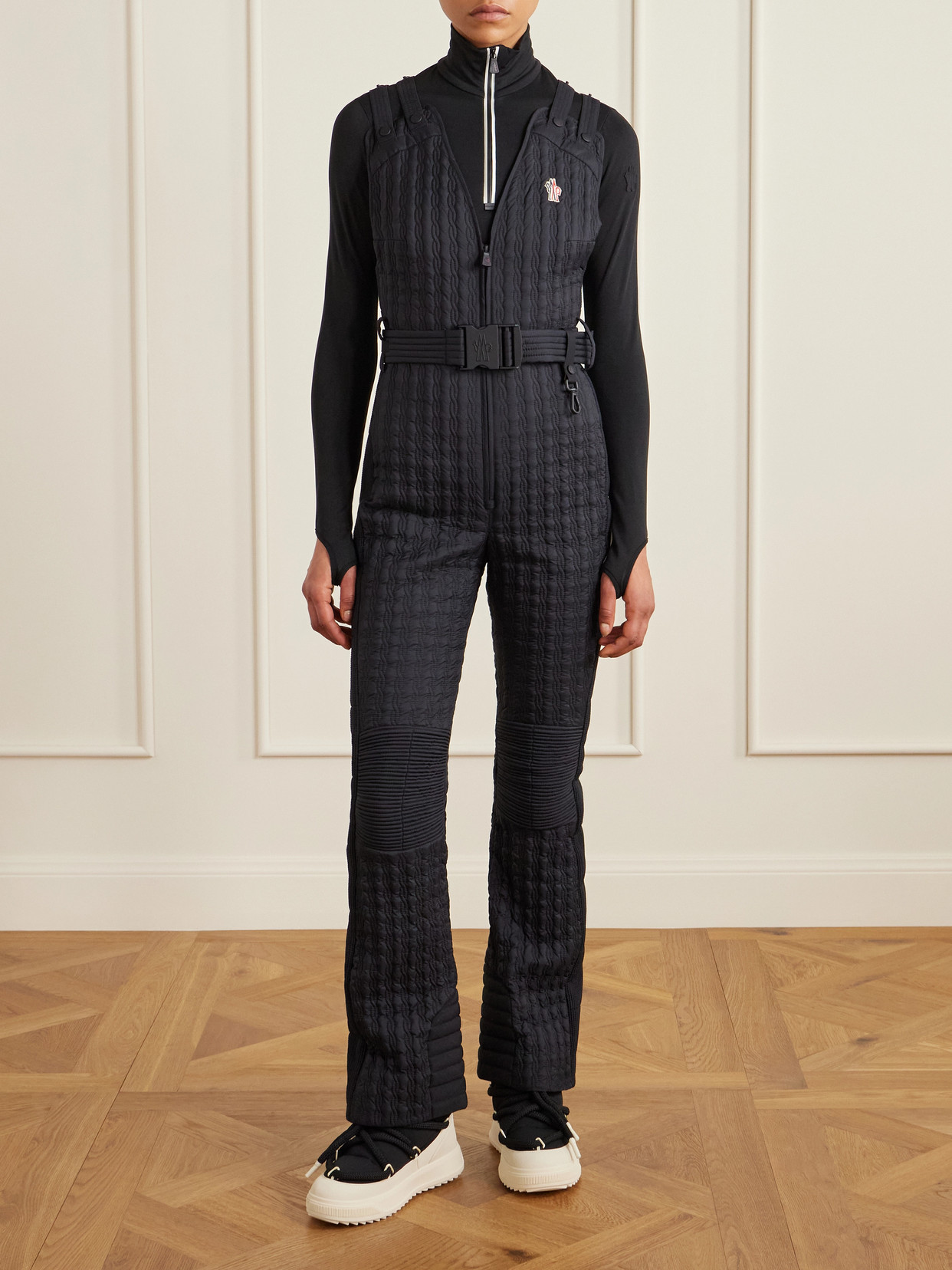 Moncler Belted Appliquéd Quilted Down Ski Suit In Blue