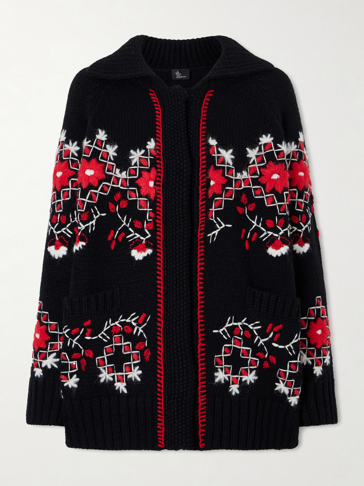 Moncler Oversized Embroidered Wool-blend Cardigan In Black