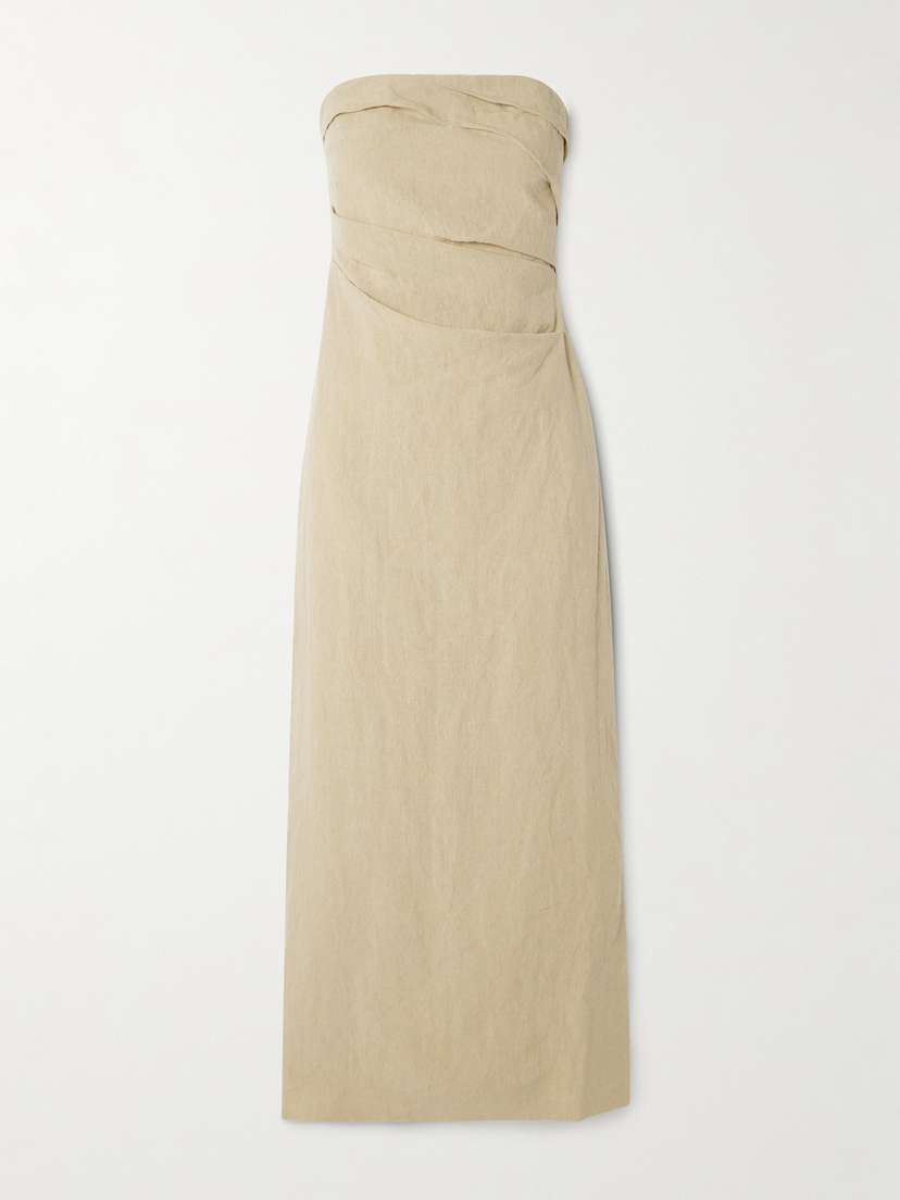 Tove Sabella Strapless Gathered Linen Midi Dress
