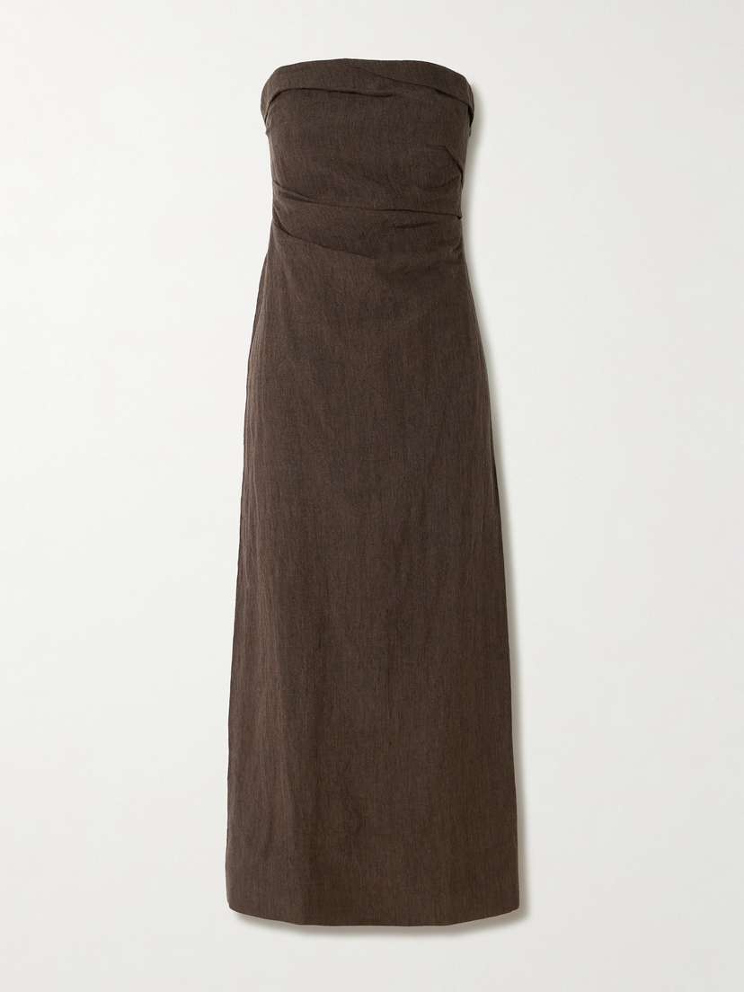 Tove Sabella Strapless Gathered Linen Midi Dress