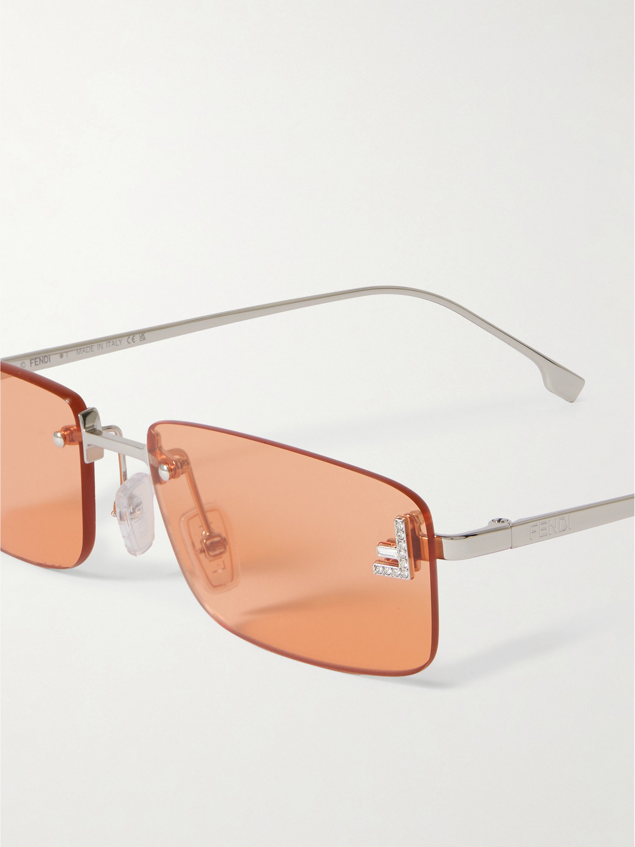 Fendi First Rectangular-frame Crystal-embellished Silver-tone Sunglasses In Orange