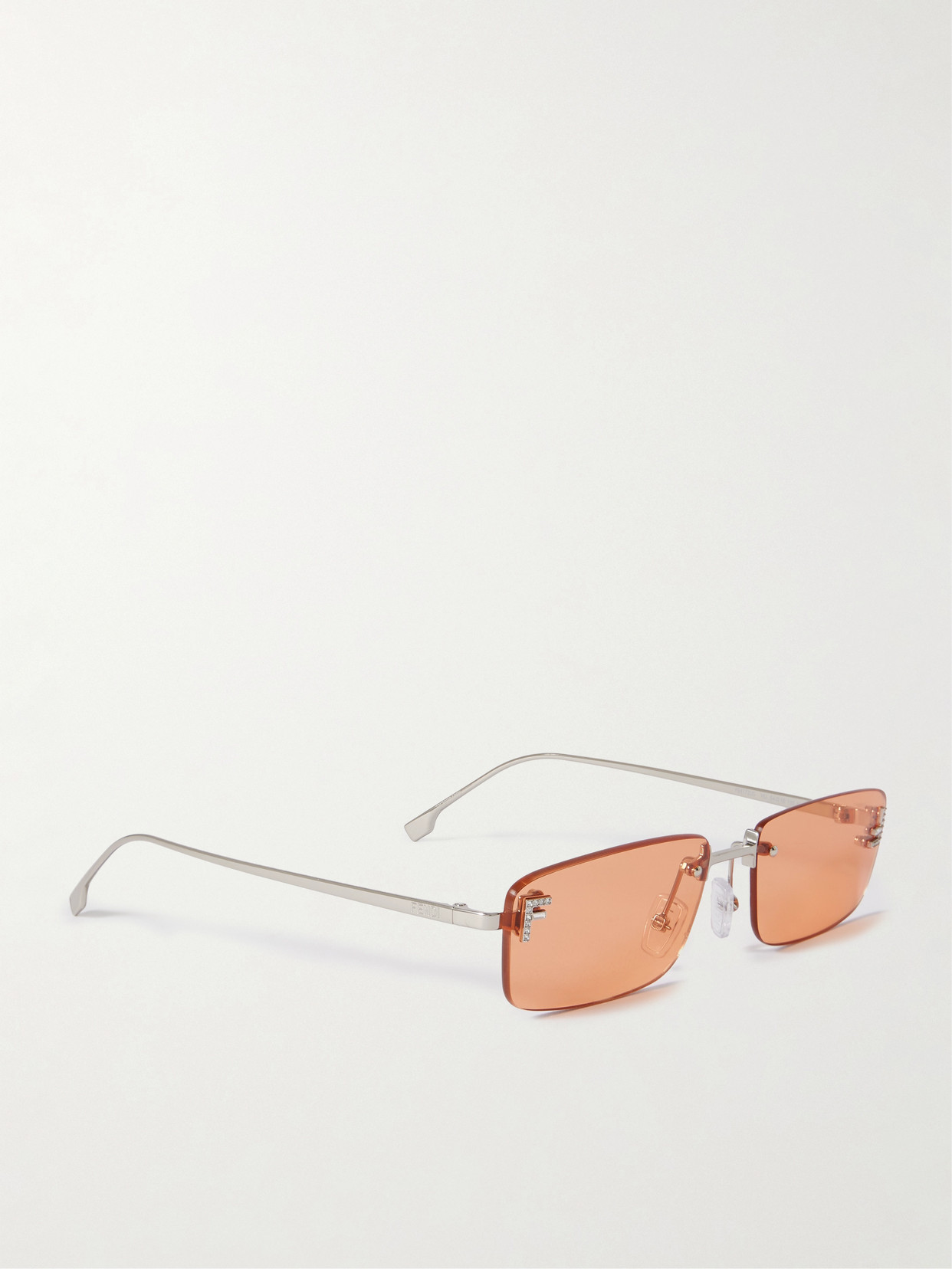 Fendi First Rectangular-frame Crystal-embellished Silver-tone Sunglasses In Orange