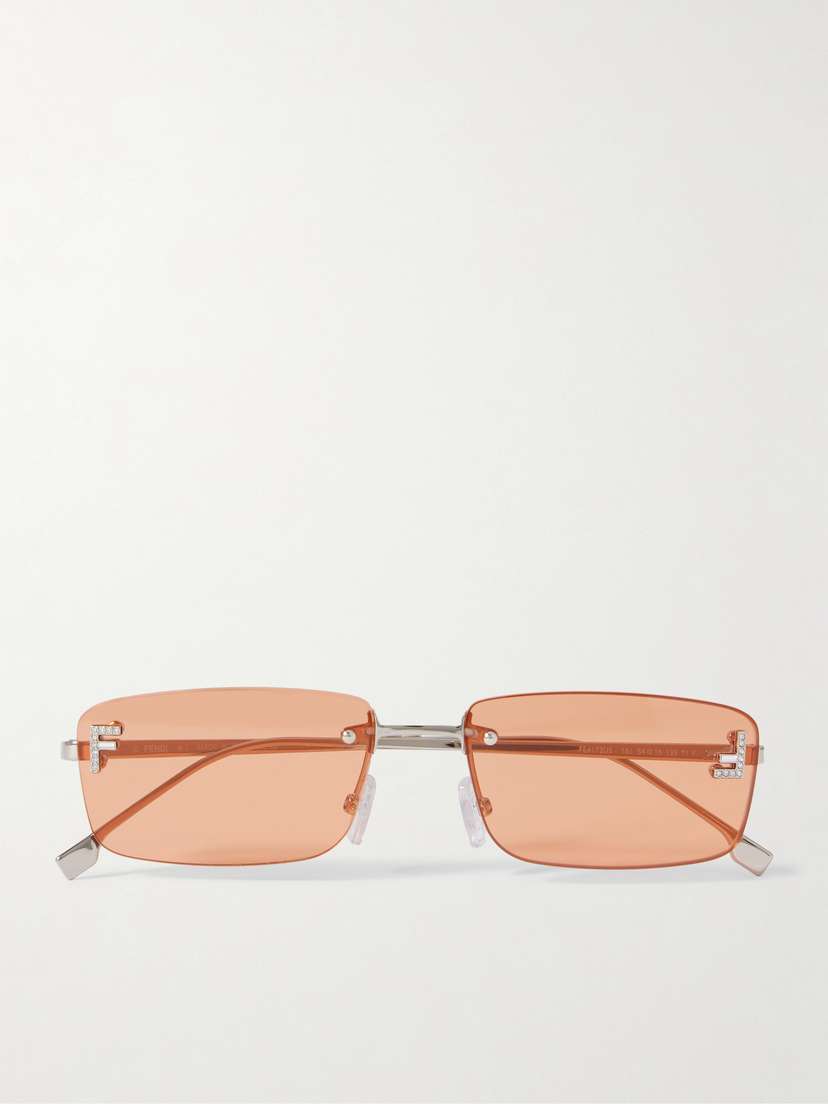 FENDI EYEWEAR Fendi First Rectangular-frame Crystal-embellished Silver-tone Sunglasses