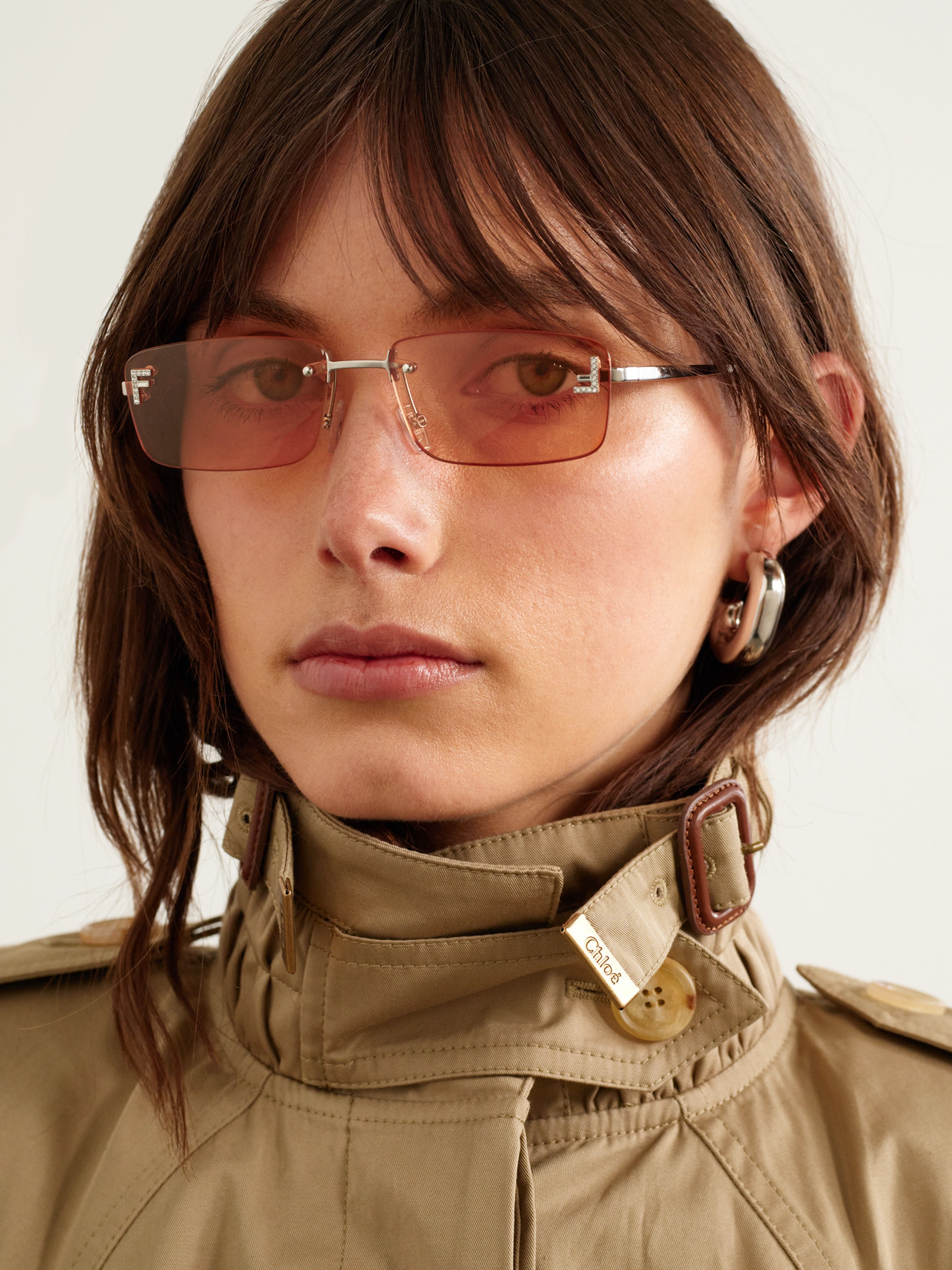 Fendi First Rectangular-frame Crystal-embellished Silver-tone Sunglasses In Orange