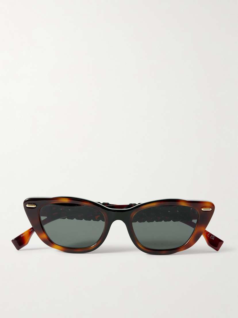 FENDI EYEWEAR Interlace Cat-eye Leather-trimmed Tortoiseshell Acetate Sunglasses