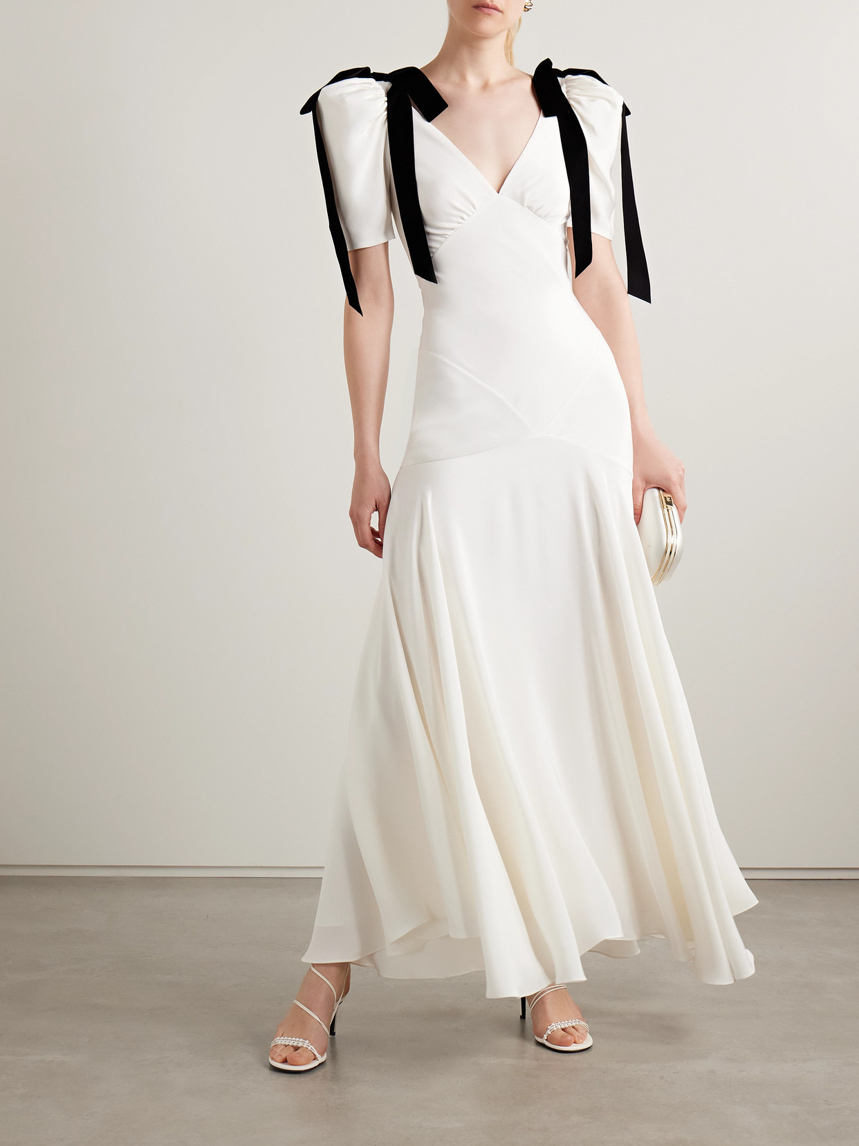 White Silk Crepe Bias Dress With Black Velvet Bows