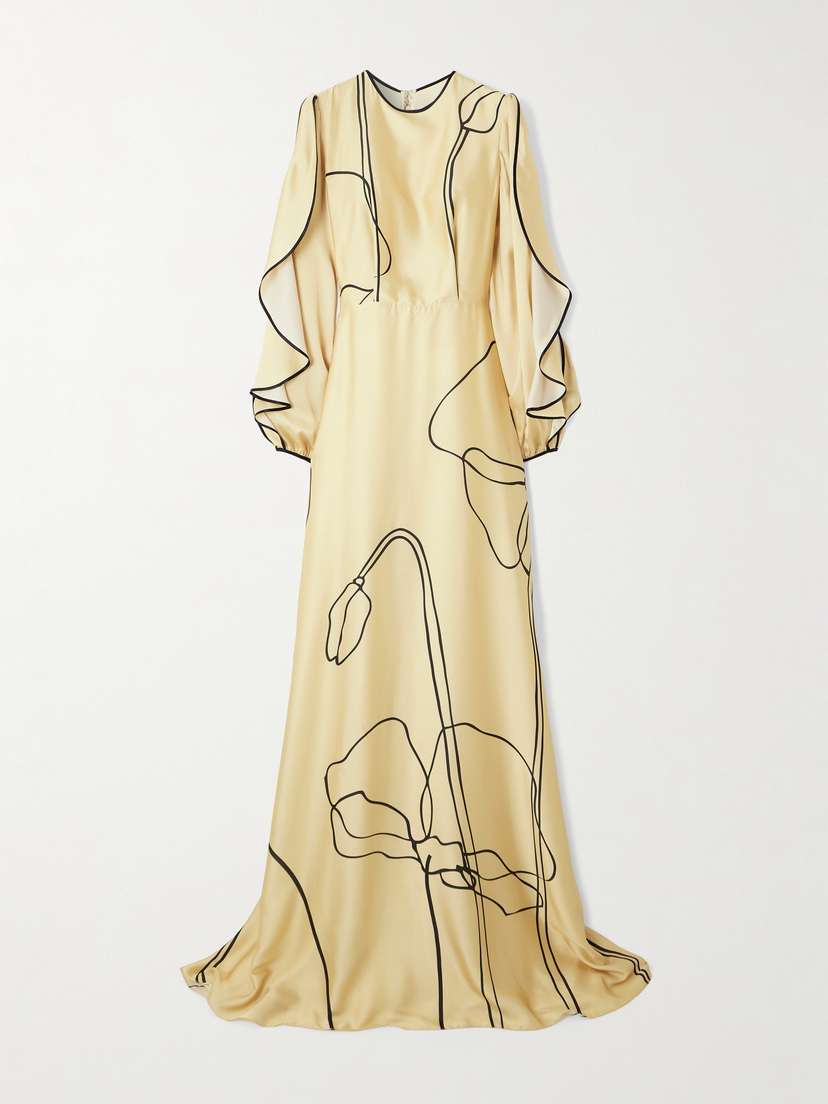 Costarellos Priela Ruffled Cutout Floral-print Satin Gown