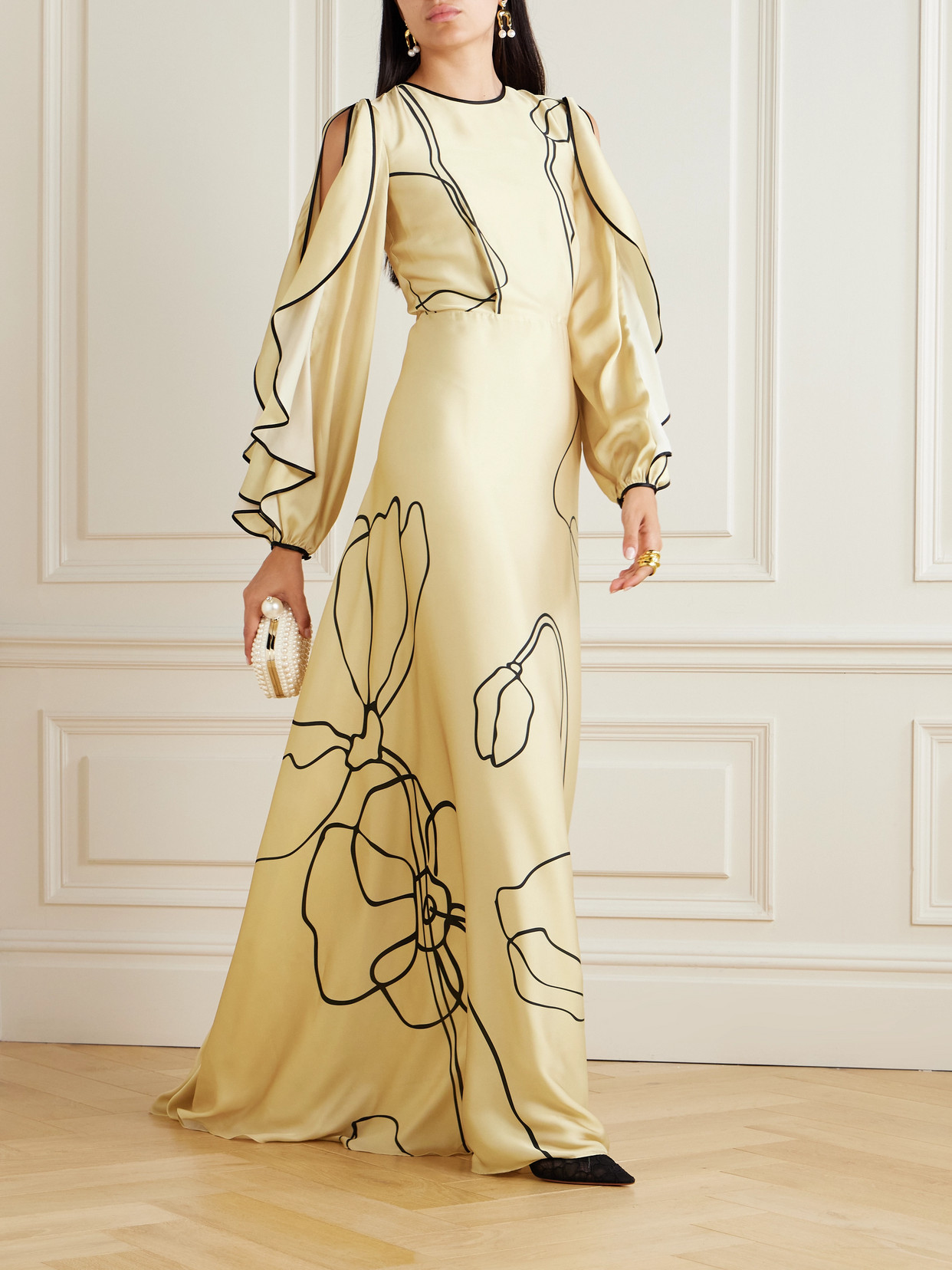 COSTARELLOS PRIELA RUFFLED CUTOUT FLORAL-PRINT SATIN GOWN