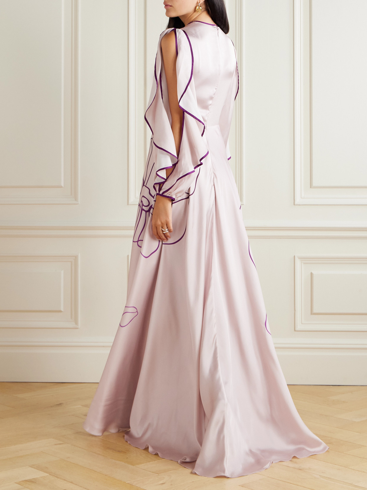 Costarellos Priela Ruffled Cutout Floral-print Satin Gown