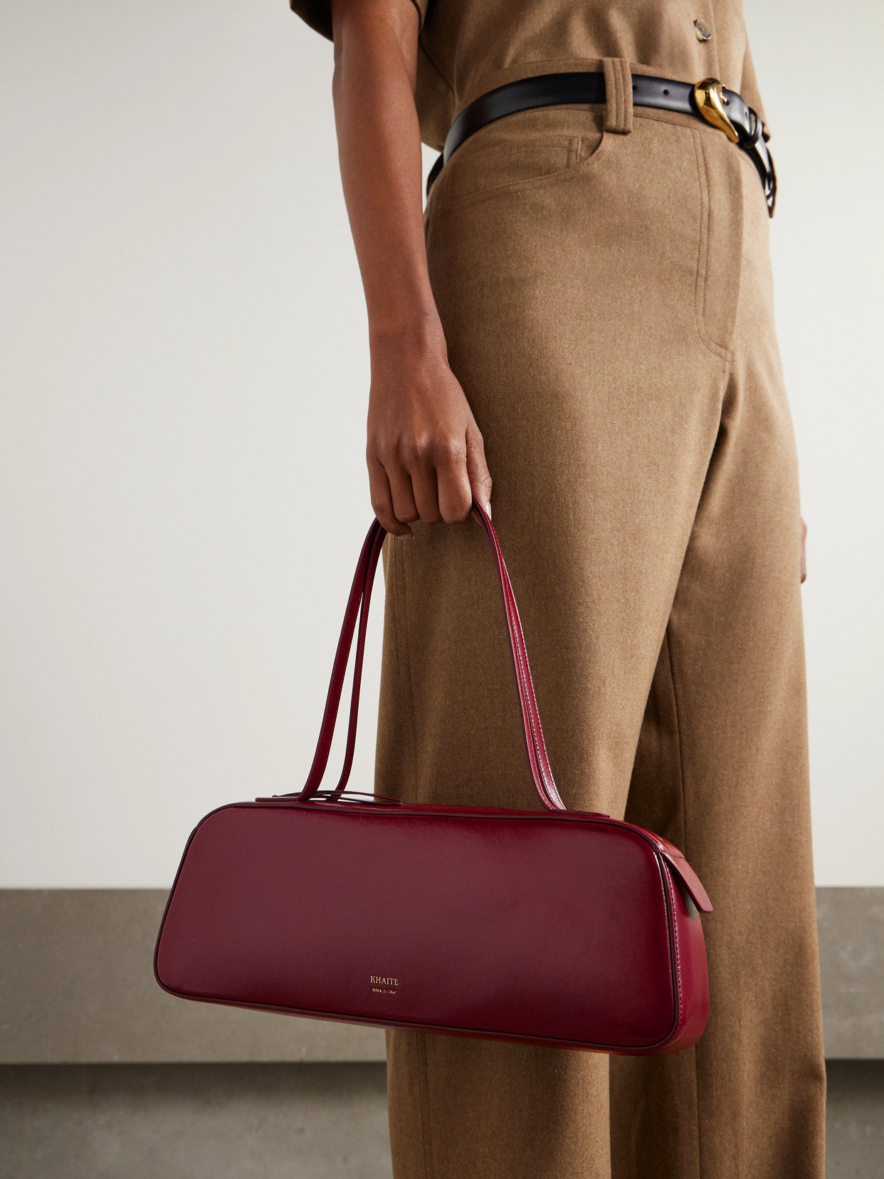 Khaite Simona Crinkled Patent-leather Shoulder Bag In Burgundy