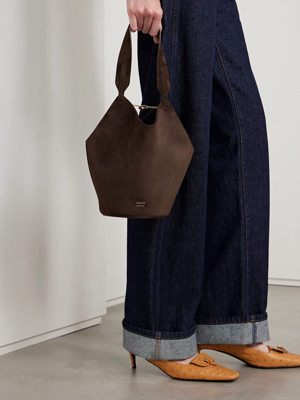 Khaite Distinctive Brown Calfskin Leather Tote With Gold Chain Detail In Brown