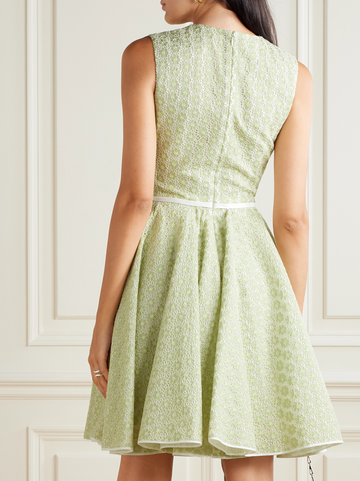 Giambattista Valli Belted Bow-embellished Pleated Cotton Guipure Lace Mini Dress