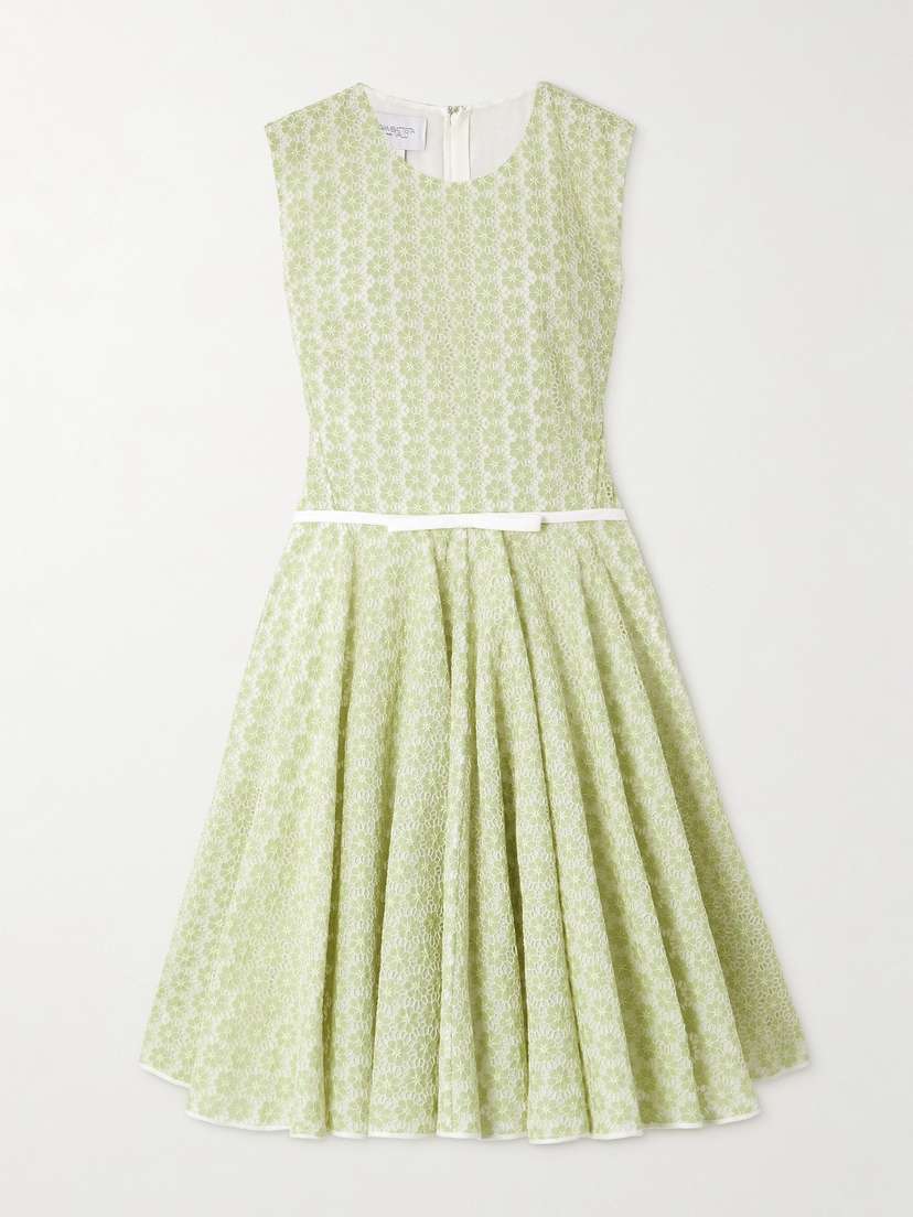 Giambattista Valli Belted Bow-embellished Pleated Cotton Guipure Lace Mini Dress