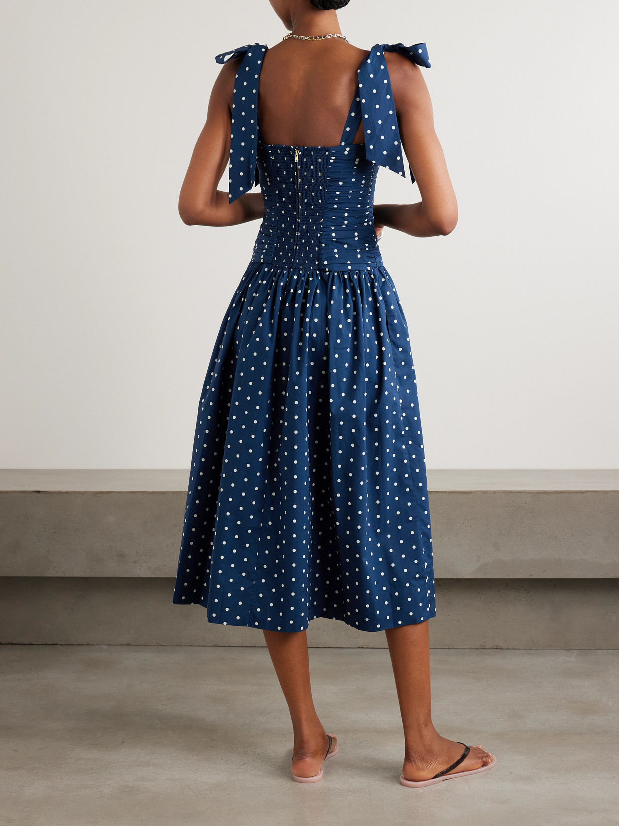 Cara Cara Rahi Tie-detailed Ruched Gathered Polka-dot Cotton Midi Dress In Blue