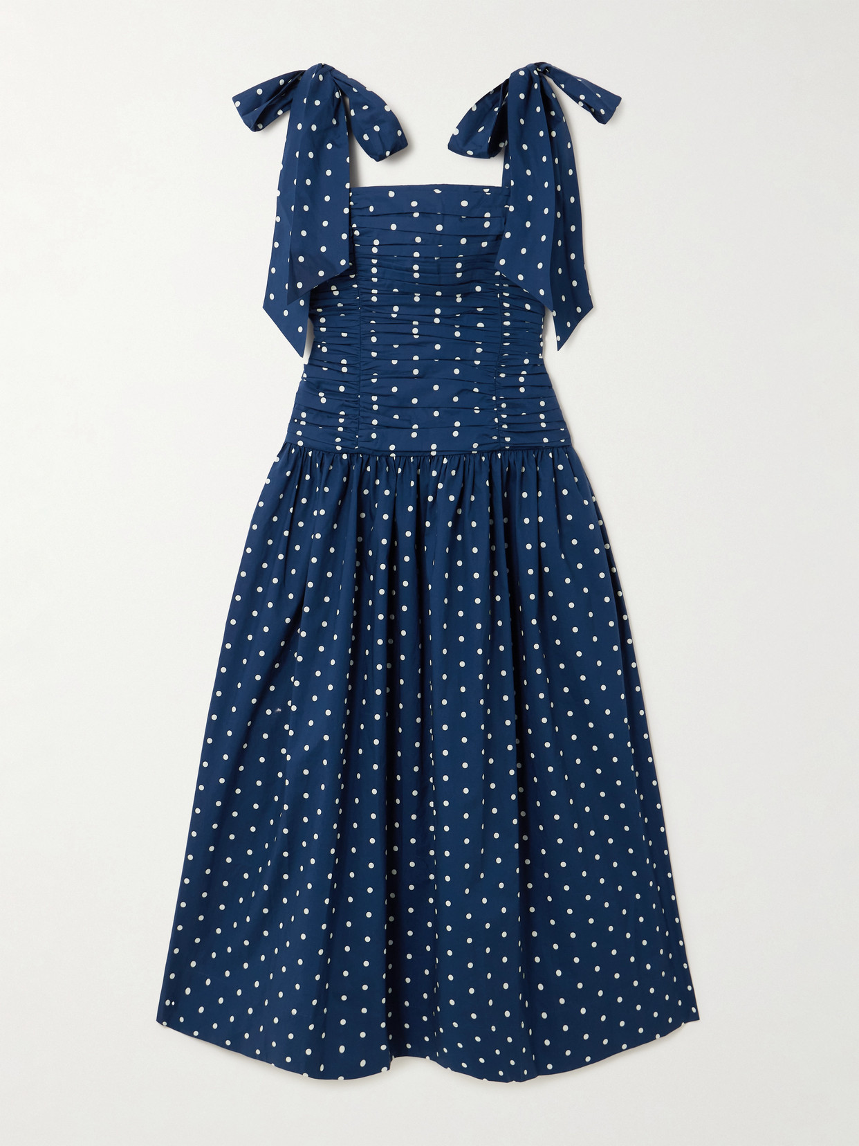 Cara Cara Rahi Tie-detailed Ruched Gathered Polka-dot Cotton Midi Dress In Blue