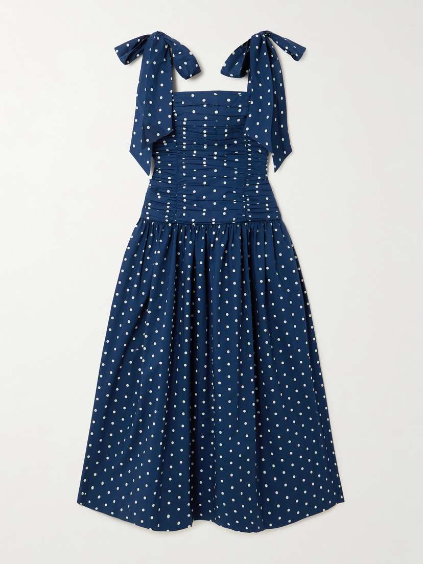 Cara Cara Rahi Tie-detailed Ruched Gathered Polka-dot Cotton Midi Dress