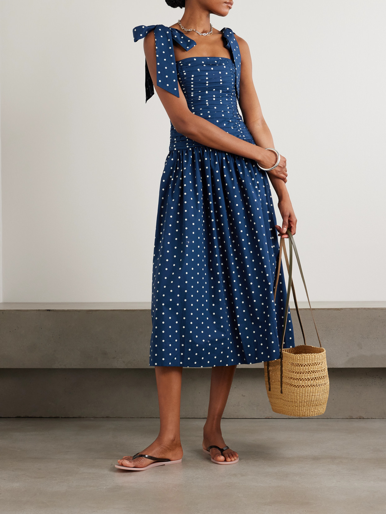 Cara Cara Rahi Tie-detailed Ruched Gathered Polka-dot Cotton Midi Dress In Blue