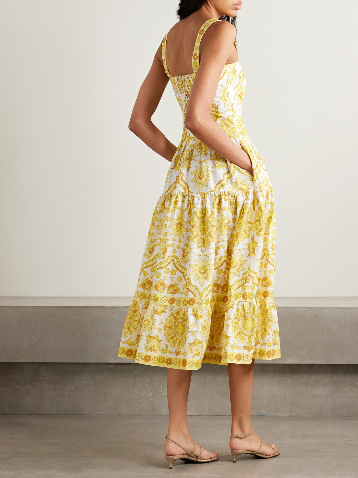 Cara Cara Margarita Tiered Floral-print Cotton-poplin Midi Dress In Yellow