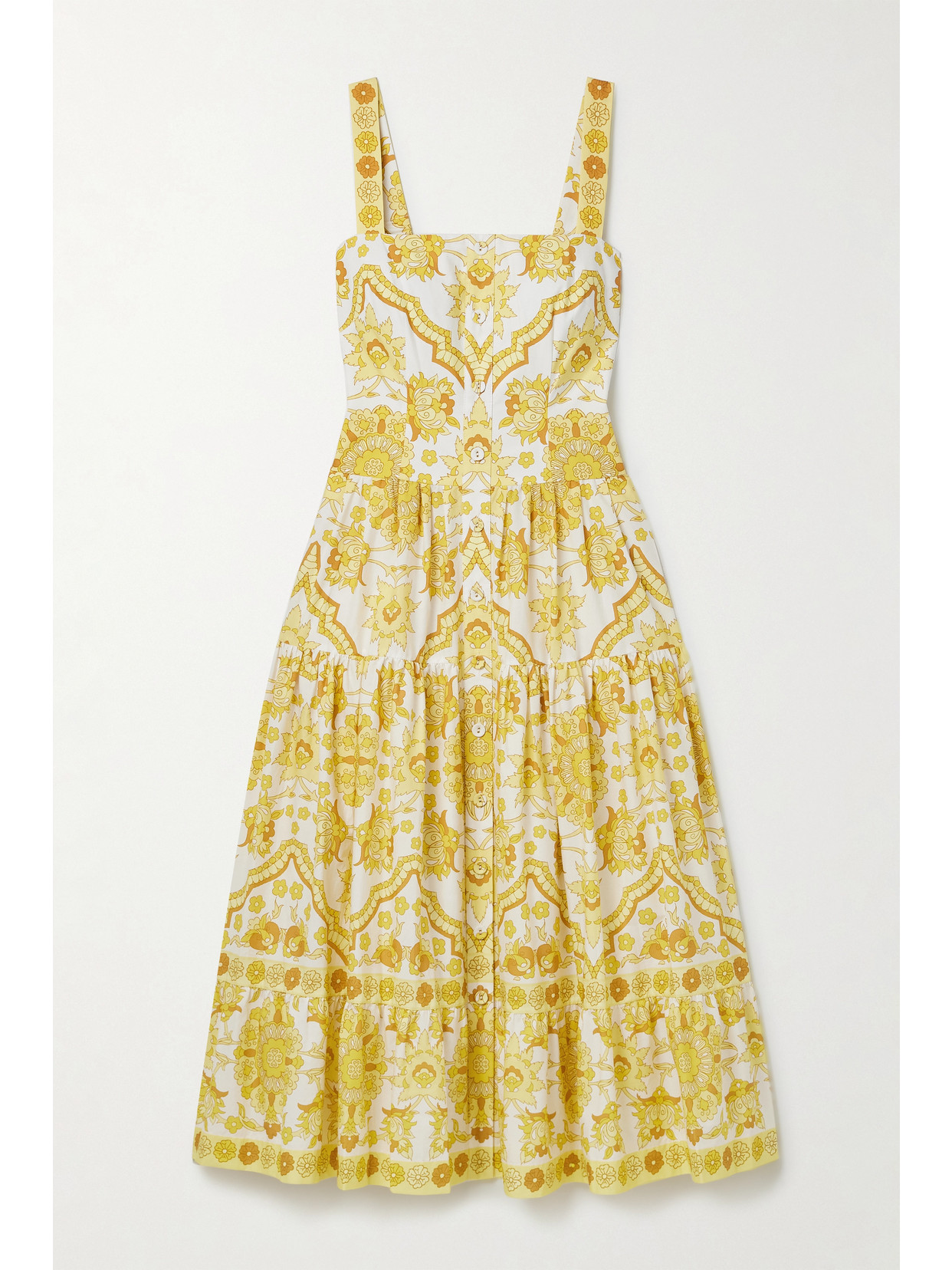 Cara Cara Margarita Tiered Floral-print Cotton-poplin Midi Dress In Yellow