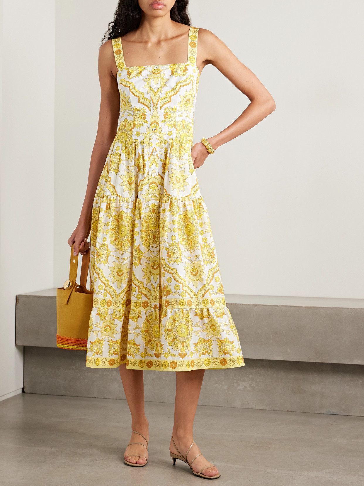 Cara Cara Margarita Tiered Floral-print Cotton-poplin Midi Dress In Yellow