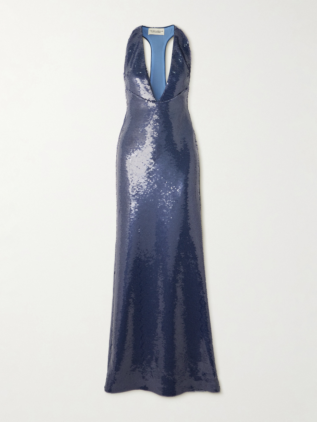 The New Arrivals Ilkyaz Ozel Olympia Sequined Jersey Halterneck Gown In Blue