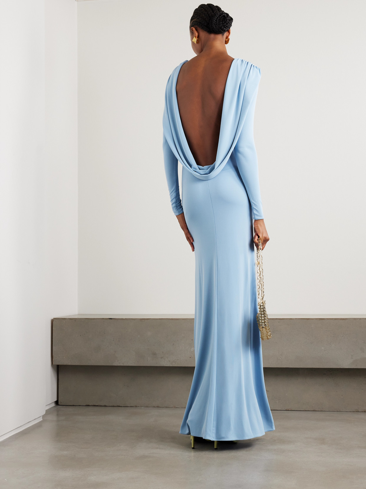 The New Arrivals Ilkyaz Ozel Roisin Open-back Draped Stretch-jersey Gown In Blue