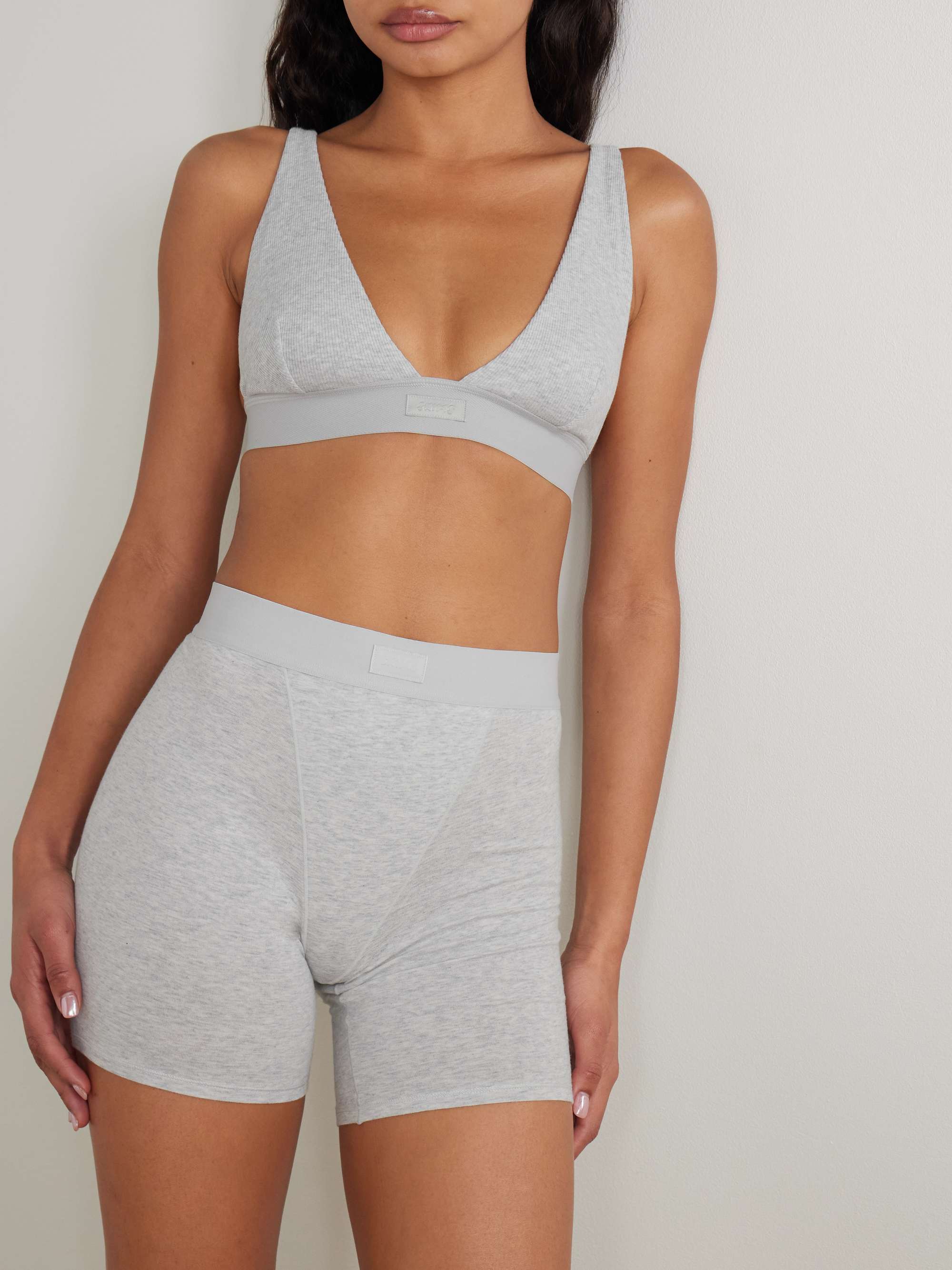 SKIMS Plunge ribbed cotton-blend jersey bralette - Bone