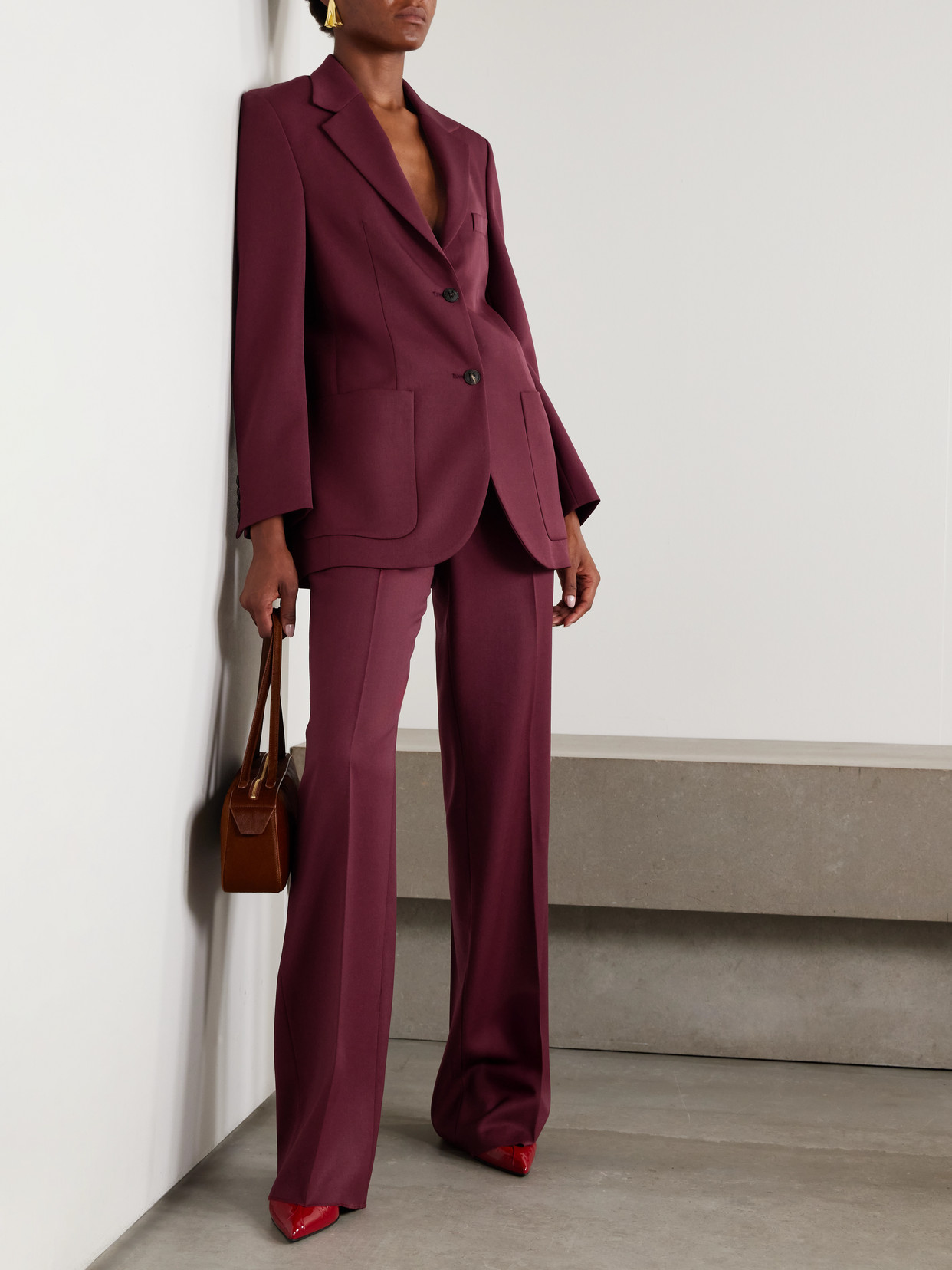 Veronica De Piante Rhea Grain De Poudre Wool Wide-leg Pants In Burgundy