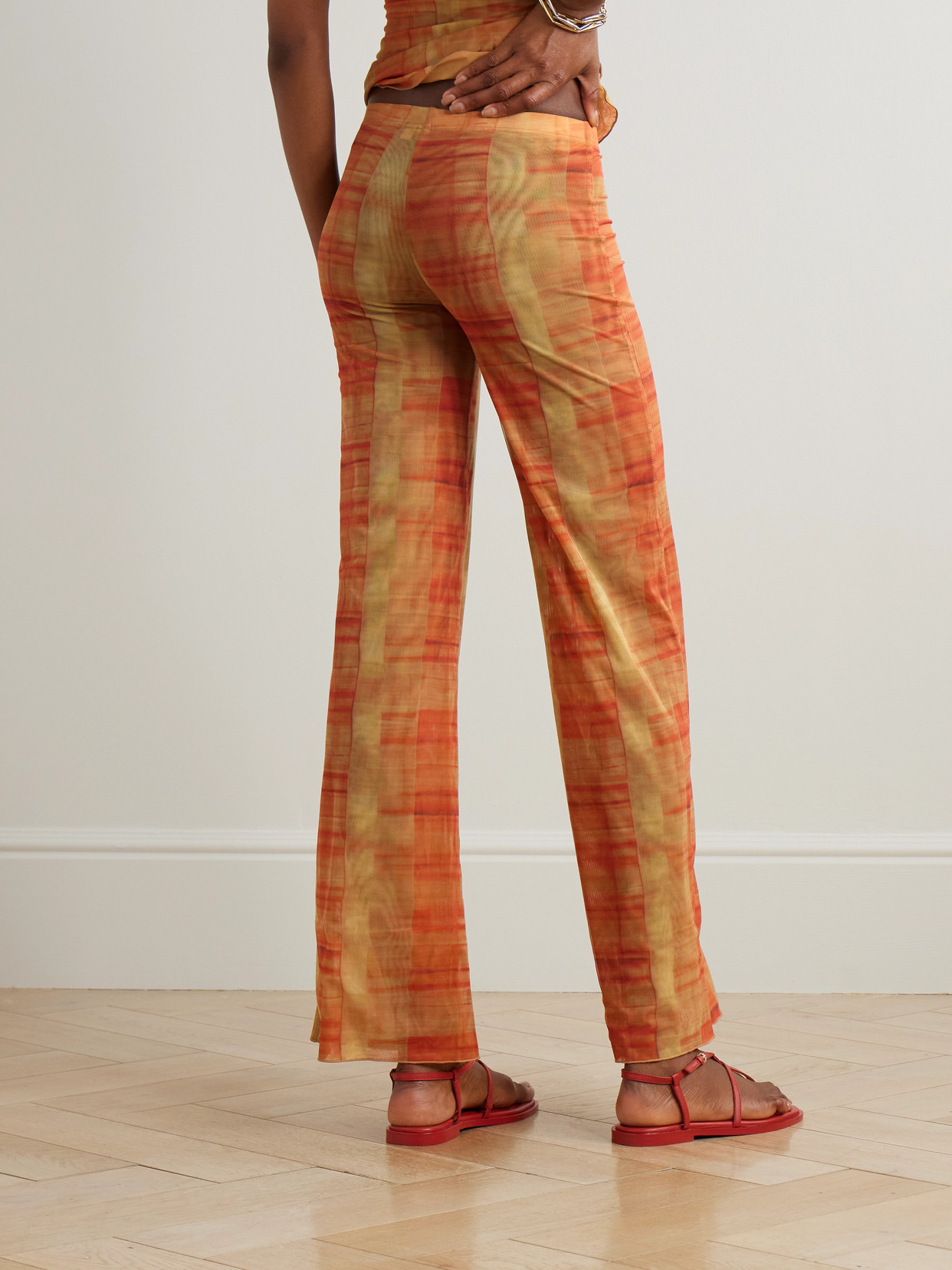 Sir Ferrera Checked Stretch-tulle Straight-leg Pants In Gold