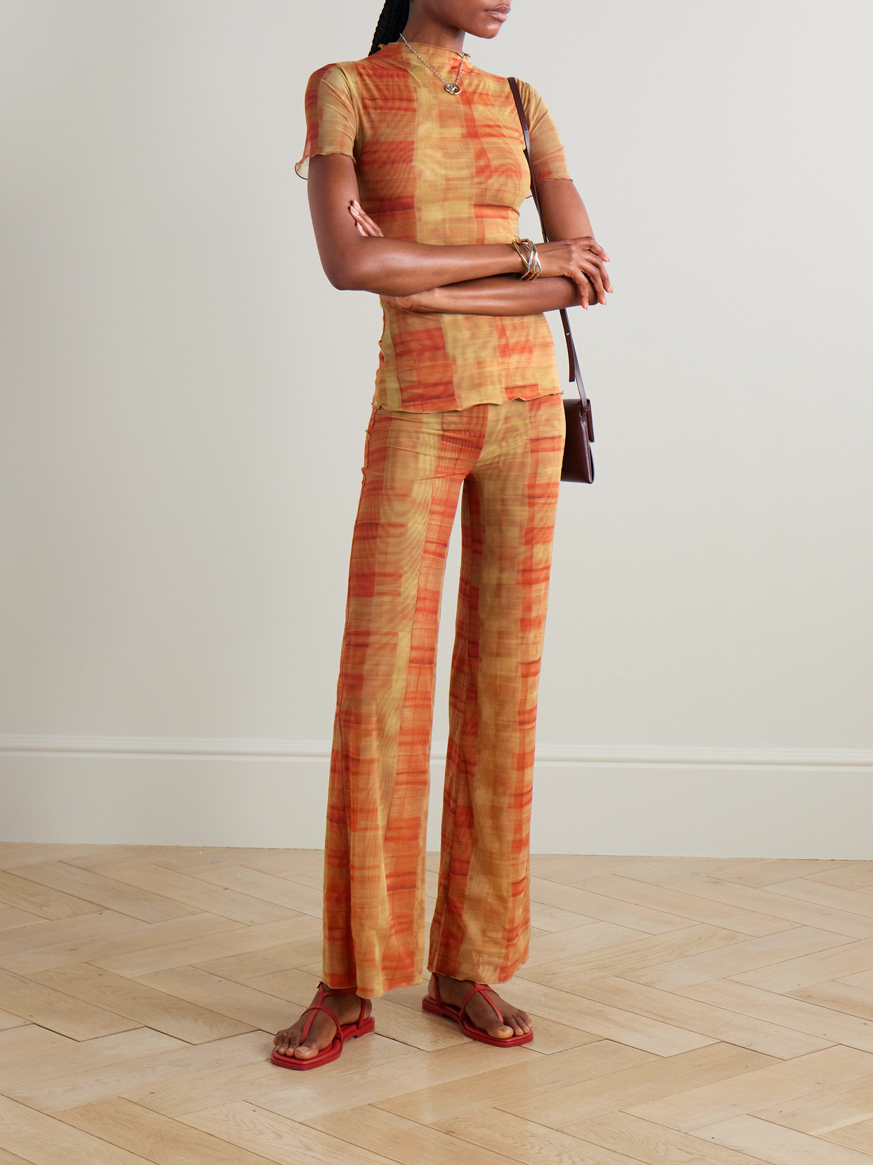Sir Ferrera Checked Stretch-tulle Straight-leg Pants In Gold