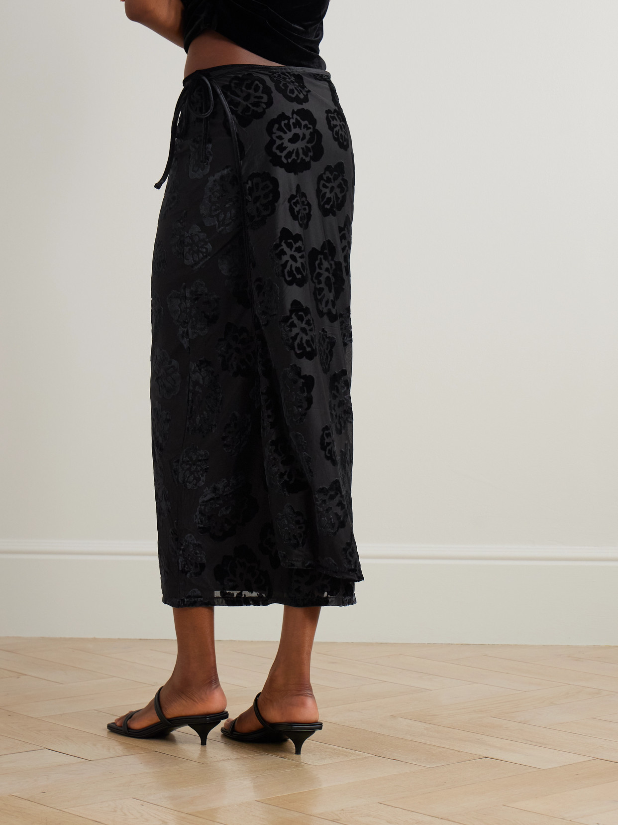 Sir Vittoria Stretch Devoré-velvet Midi Wrap Skirt In Black
