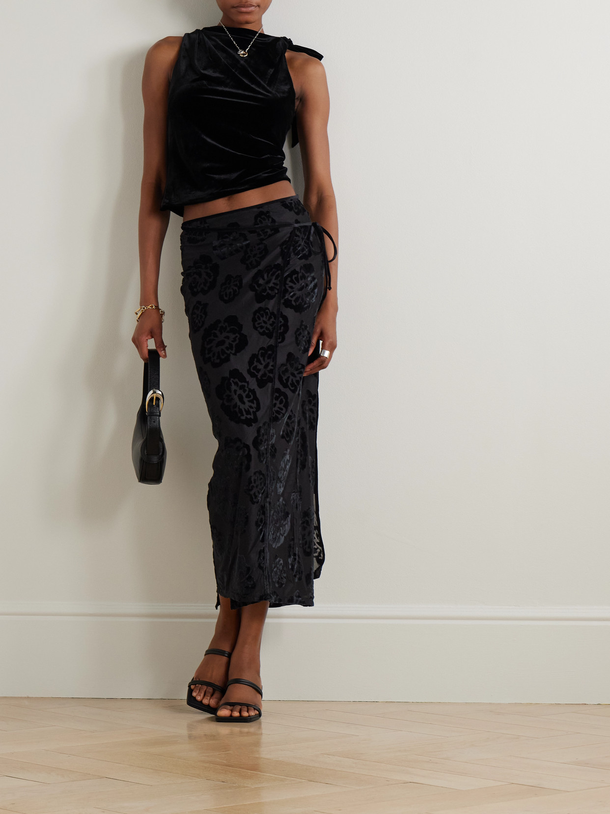 Sir Vittoria Stretch Devoré-velvet Midi Wrap Skirt In Black