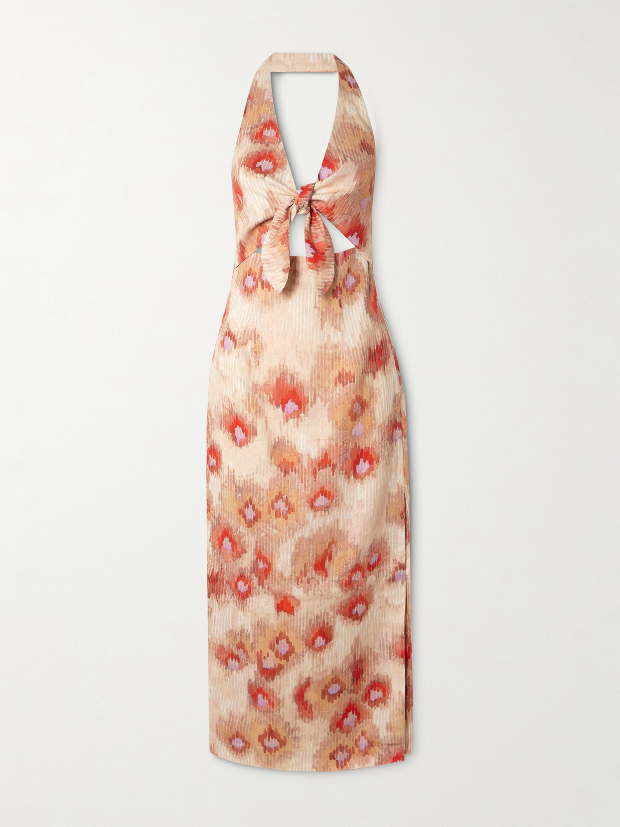 Sir Fiorella Tie-front Floral-print Linen Halterneck Midi Dress In Pink