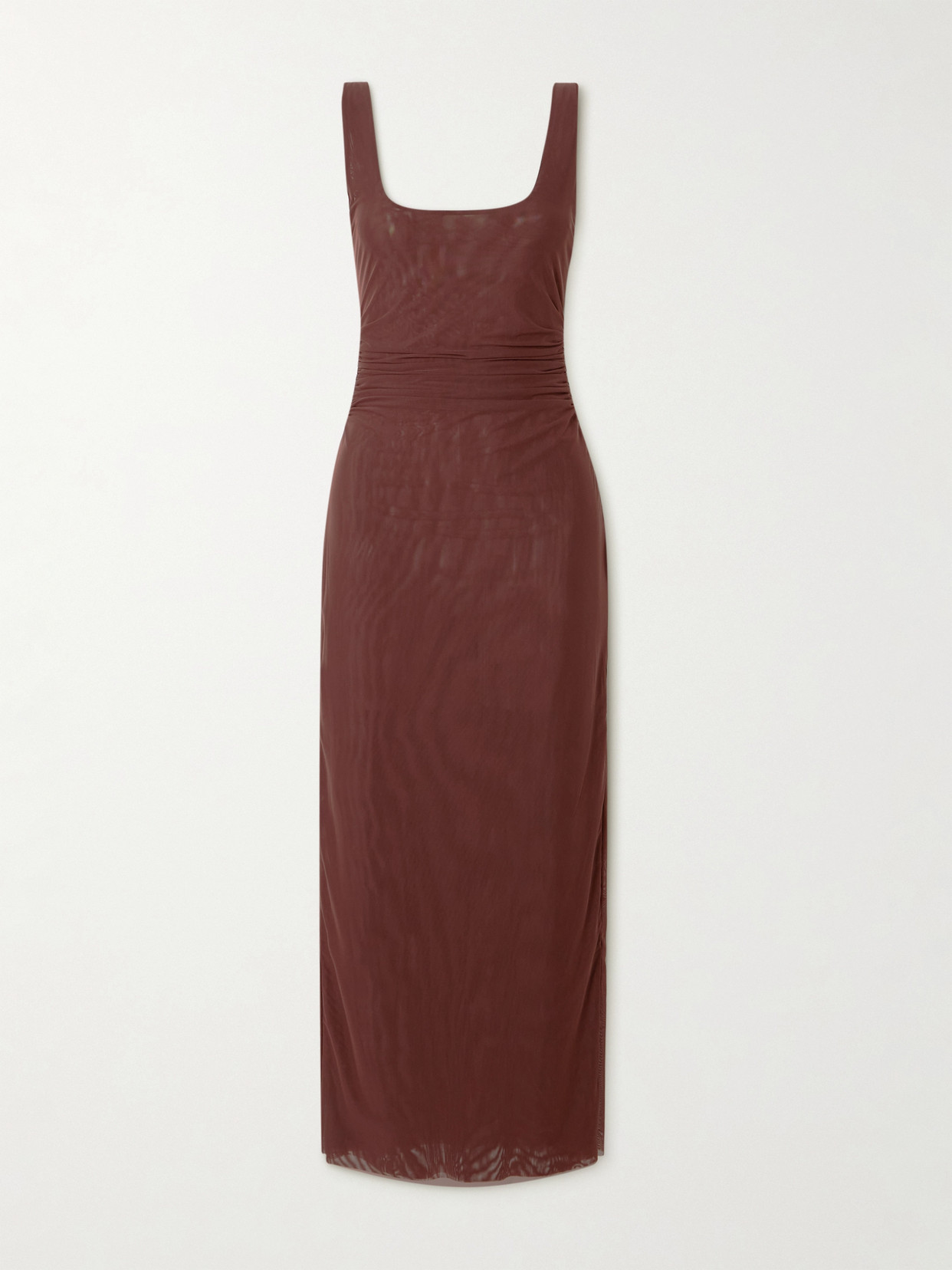 Sir Jacques Open-back Gathered Stretch-mesh Midi Dress In Brown