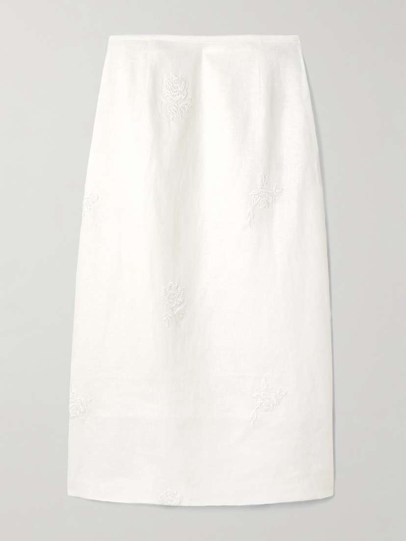 SIR. Alessandra Embroidered Linen Midi Skirt