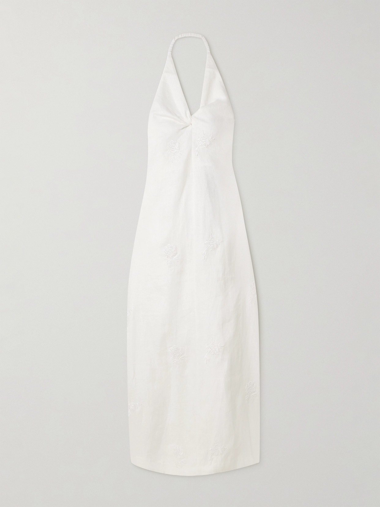 Sir Alessandra Twist-front Embroidered Linen Halterneck Midi Dress In White