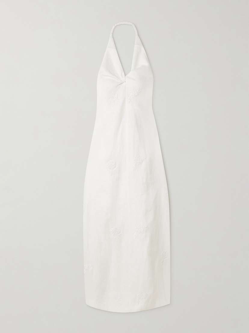 SIR. Alessandra Twist-front Embroidered Linen Halterneck Midi Dress