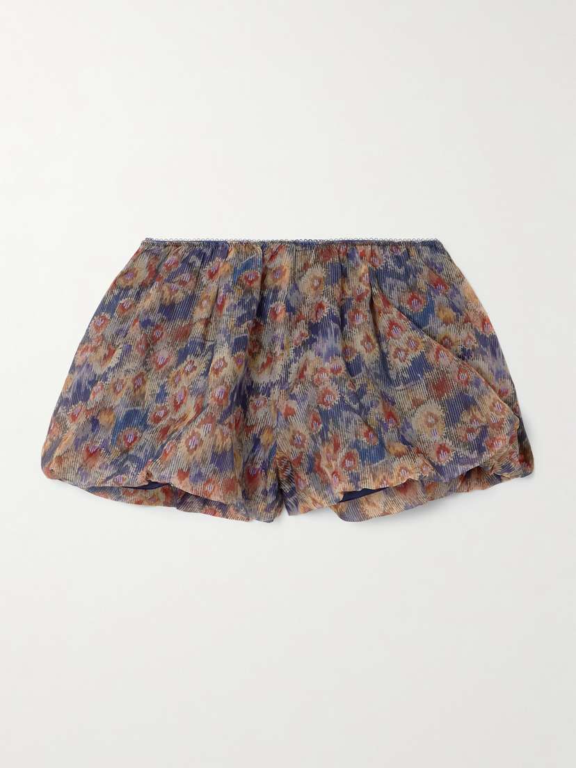 SIR. Fiore Picot-trimmed Gathered Floral-print Silk-organza Shorts