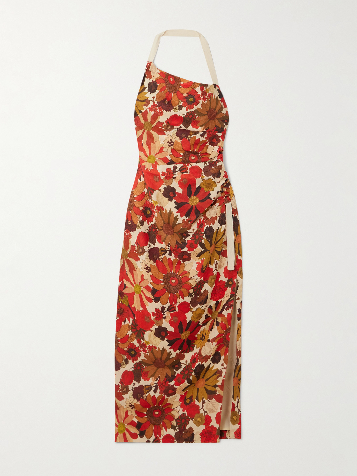 Sir Castella Tie-detailed Gathered Floral-print Linen Halterneck Midi Dress In Multi
