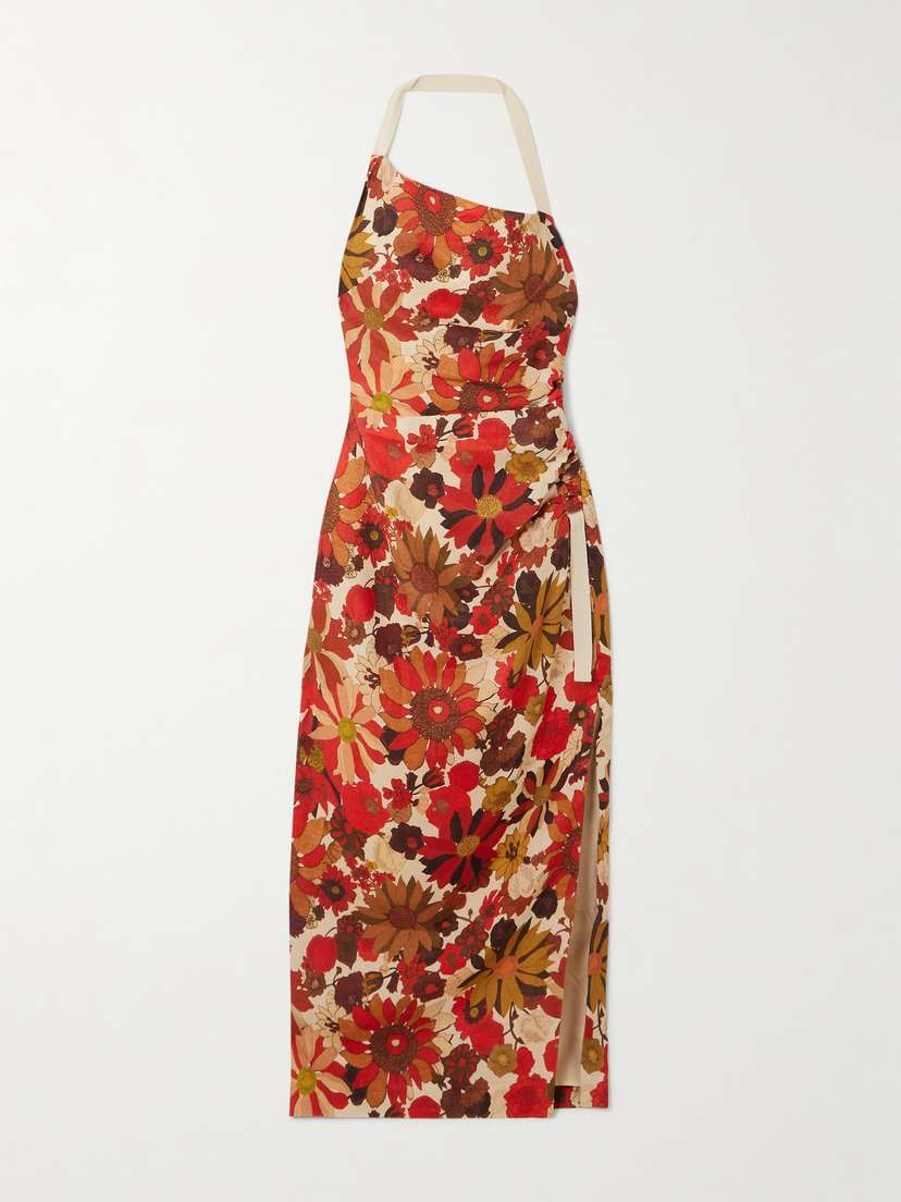 SIR. Castella Tie-detailed Gathered Floral-print Linen Halterneck Midi Dress