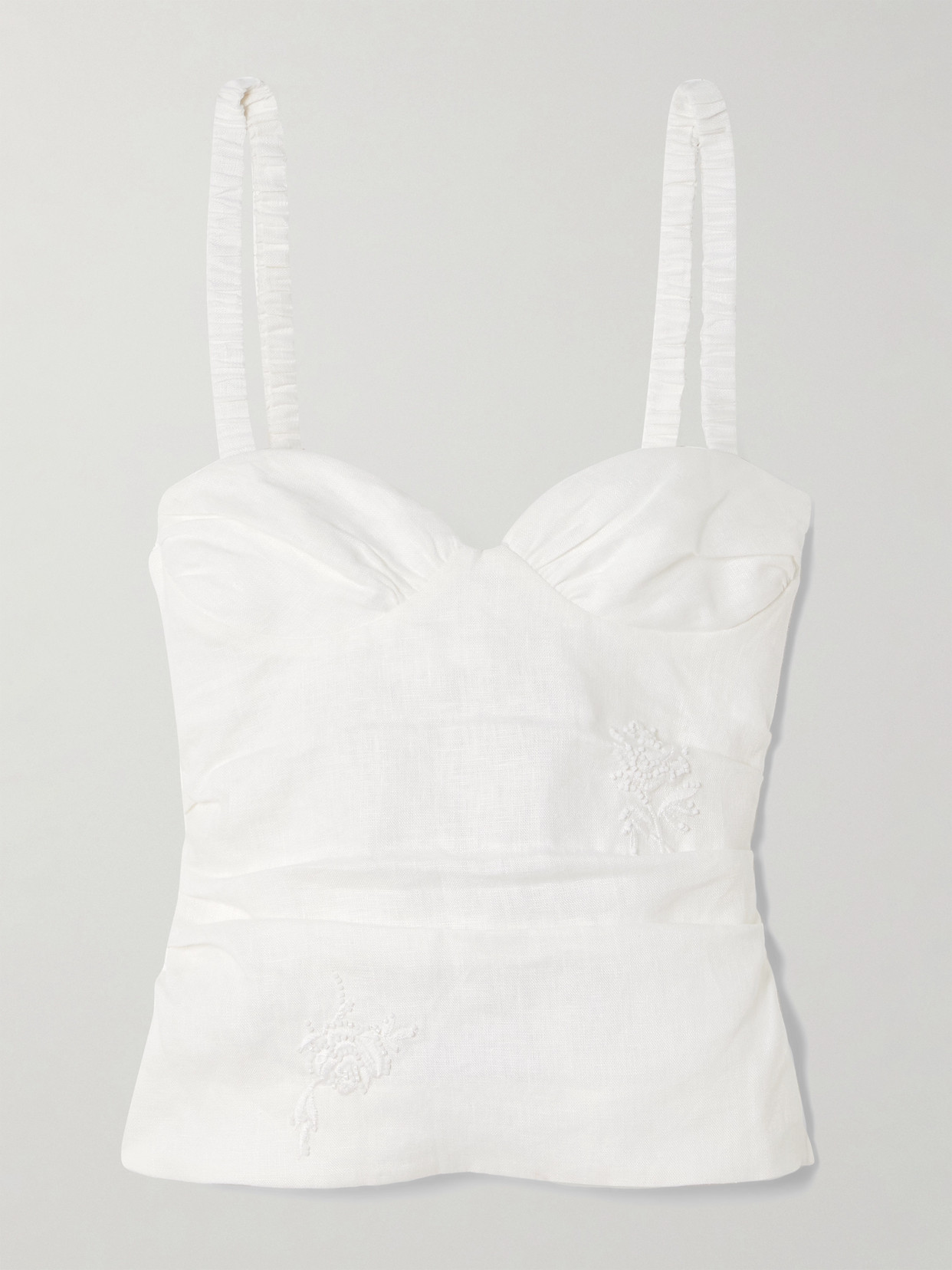 Sir Alessandra Gathered Bead-embellished Embroidered Linen Camisole