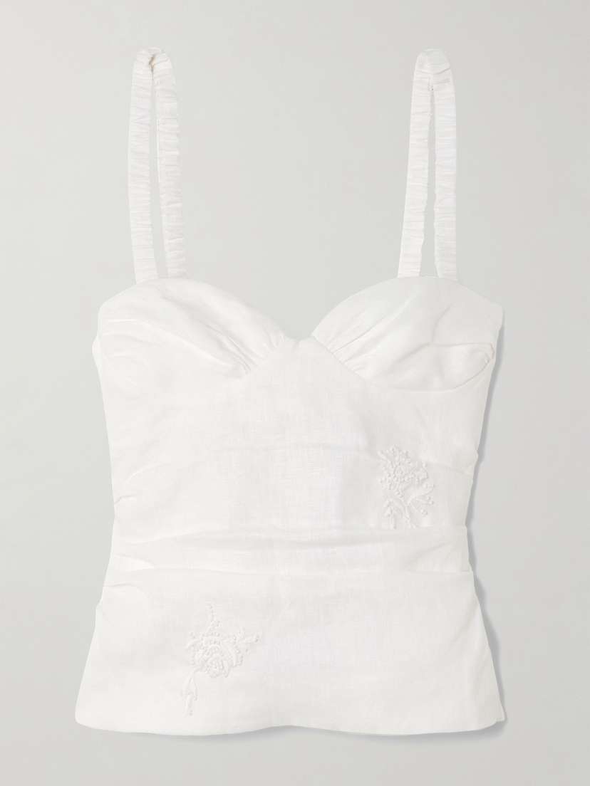 SIR. Alessandra Gathered Bead-embellished Embroidered Linen Camisole