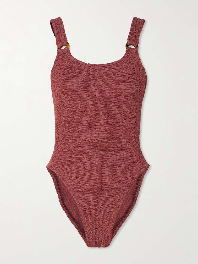 Hunza G Domino Embellished Seersucker Swimsuit