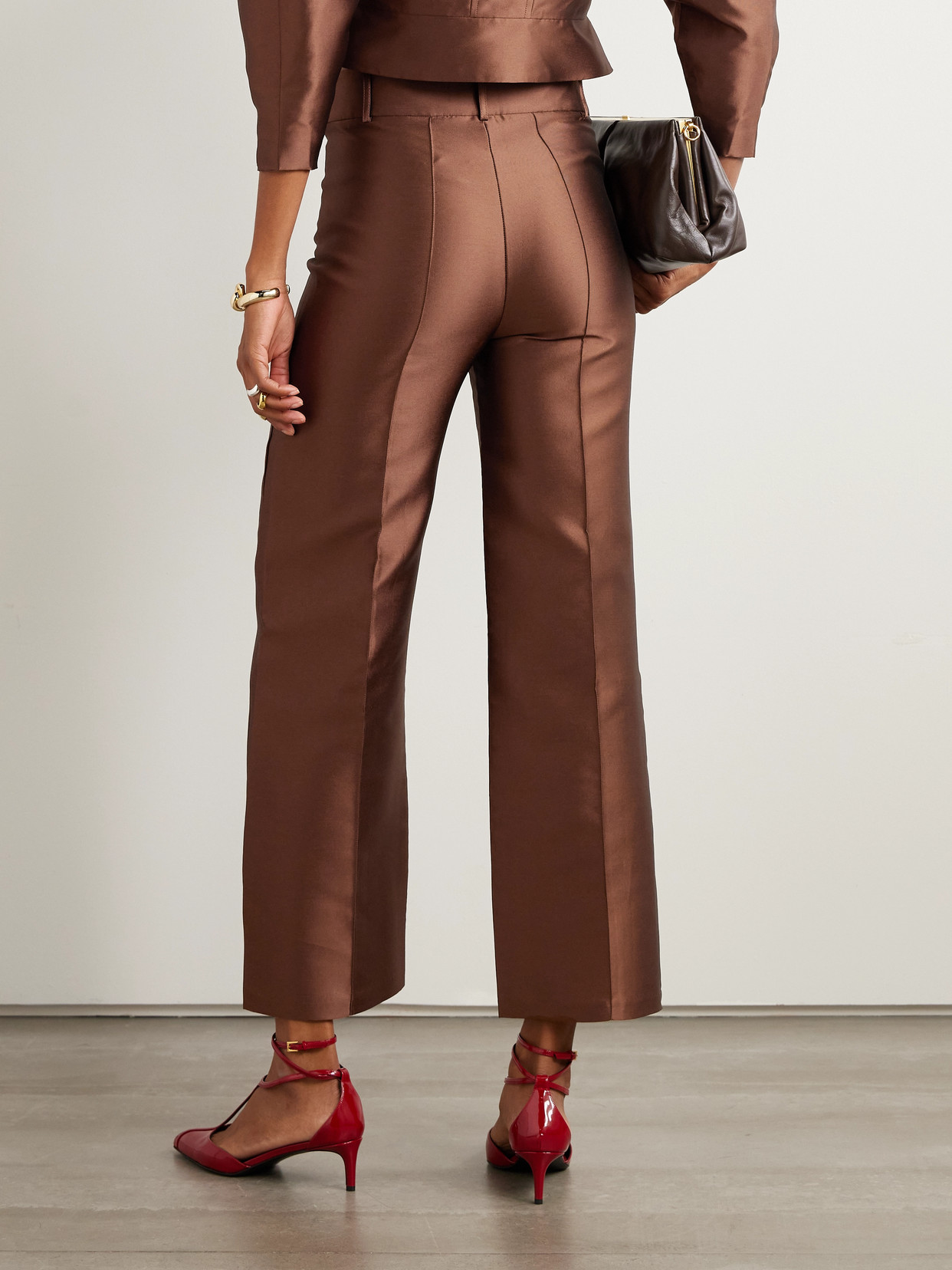 D'estree Yoshi Cropped Taffeta Flared Pants In Brown
